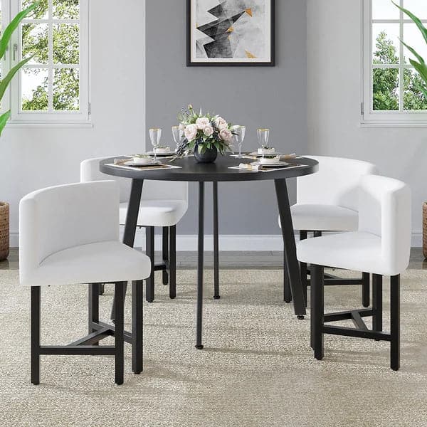 40 Inch Round Wooden Small Nesting Dining Table Set for 4 White Upholstered Chairs