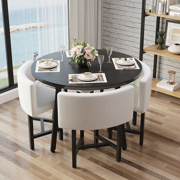 40 Inch Round Wooden Small Nesting Dining Table Set for 4 White Upholstered Chairs