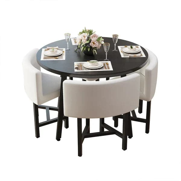 40 Inch Round Wooden Small Nesting Dining Table Set for 4 White Upholstered Chairs