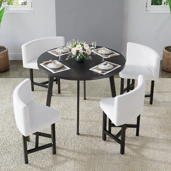 40 Inch Round Wooden Small Nesting Dining Table Set for 4 White Upholstered Chairs