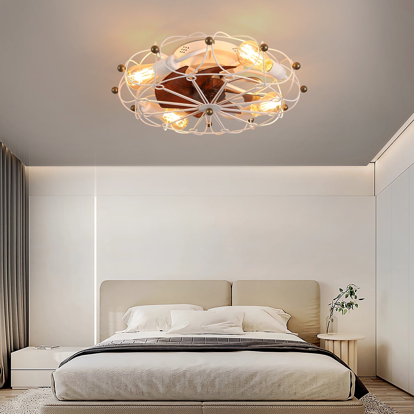 Sleek Low Profile Caged Ceiling Fan with Lights & Remote - Industrial Style