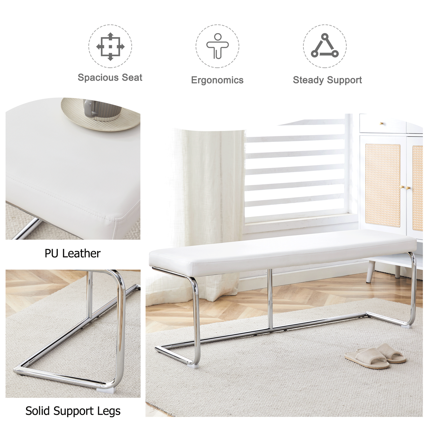 Versatile White Shoe Changing Stool with Silver Metal Legs Multi-Purpose for Entryway and Bedroom