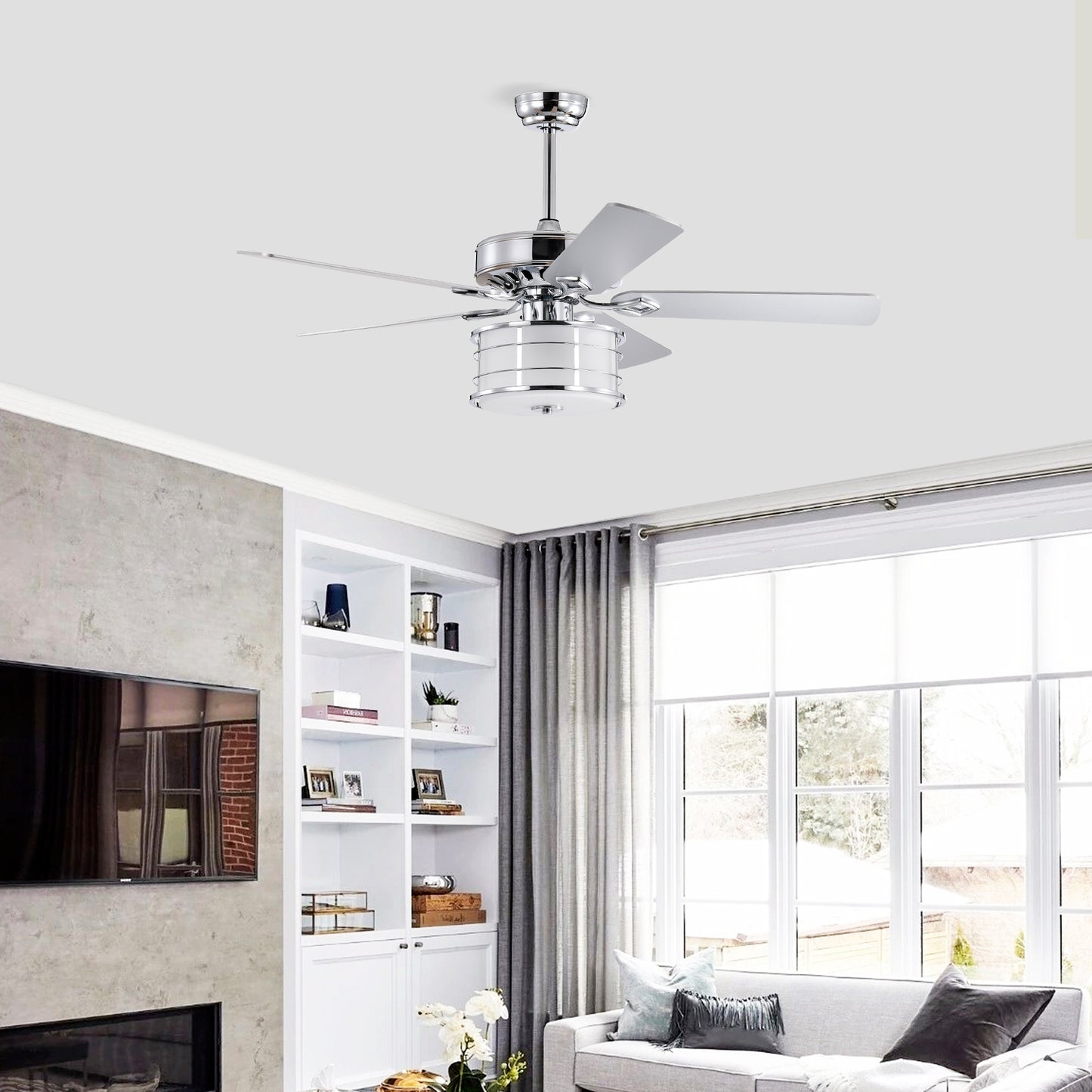 52" Chrome Drum Shade LED Ceiling Fan with 3 Lights & Remote - Rustic Farmhouse Meets Modern Glam