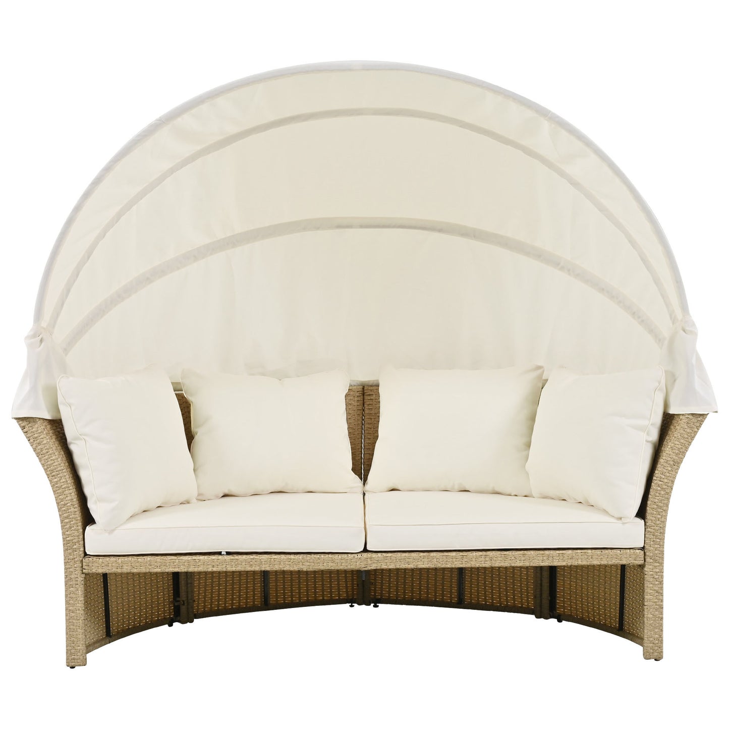 Outdoor Patio Daybed Wicker Rattan Double Daybed Round Sofa Furniture Set with Retractable Canopy, 4 Pillows for Lawn Garden Backyard Porch Pool, Beige