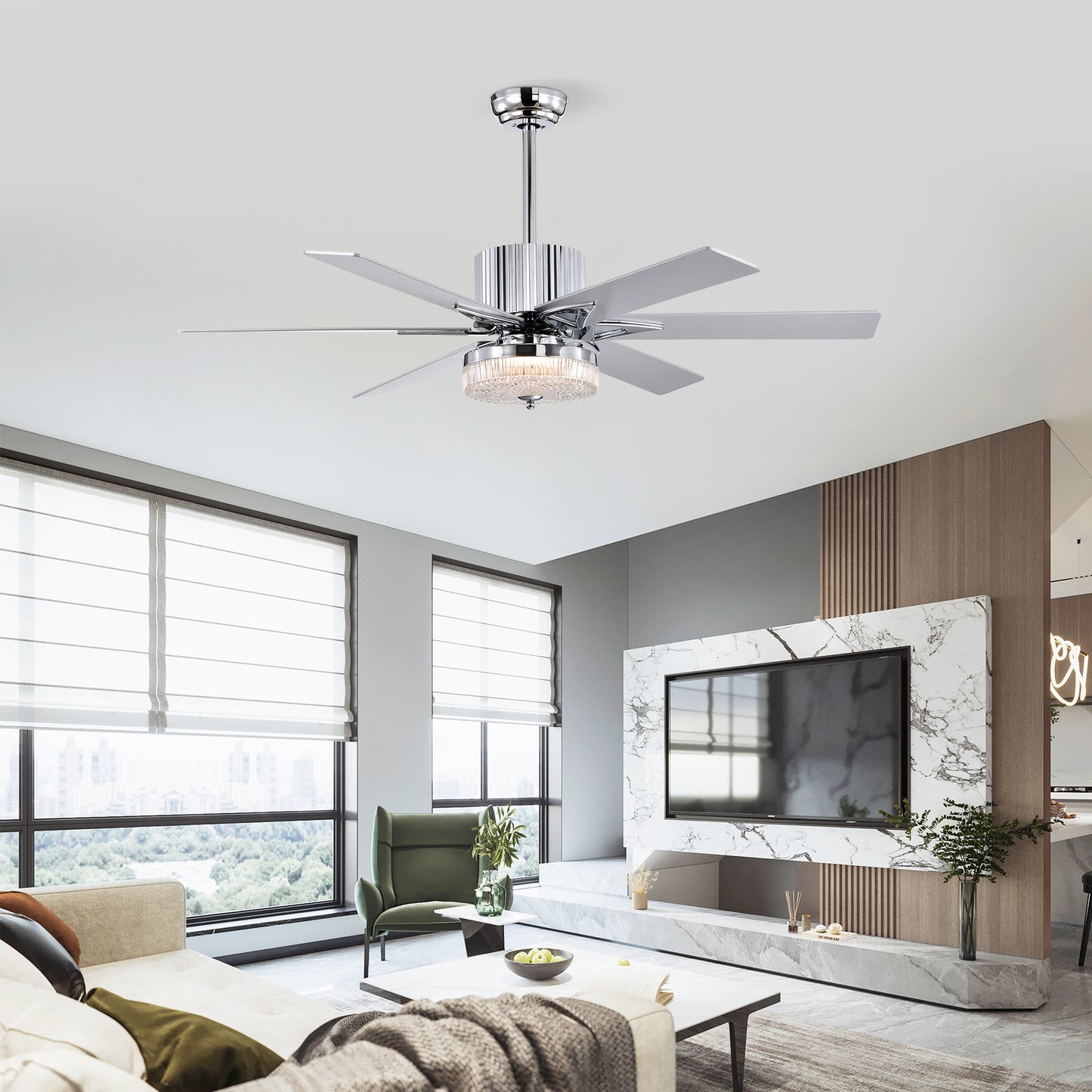 52" Modern Ceiling Fan with Remote - Chrome Finish, Wood Blades, LED Light for Living Room