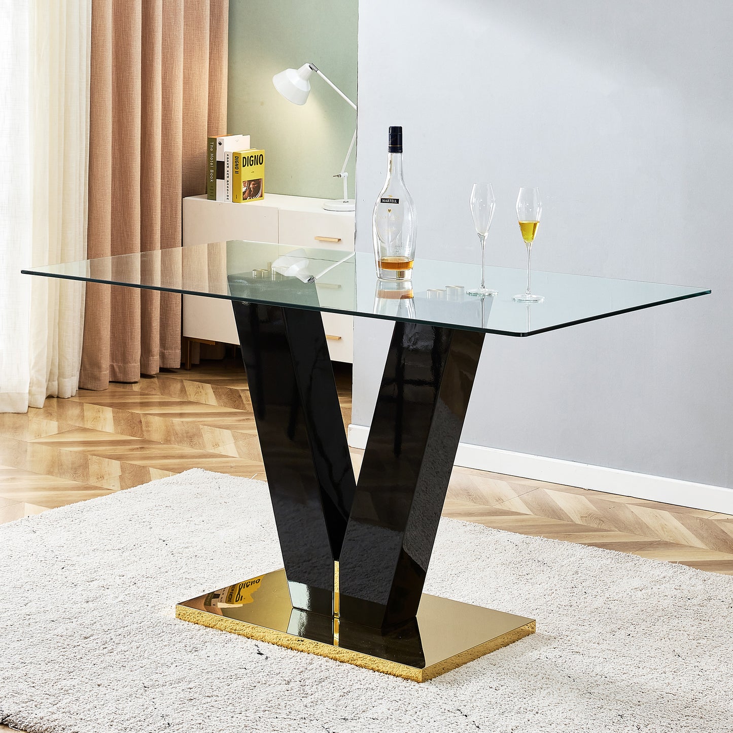 Large Modern Minimalist Rectangular Glass Dining Table for 6-8 with 0.4" Tempered Glass Tabletop and MDF slab V-Shaped Bracket,For Kitchen Dining Living Meeting Room Banquet Hall  F-V