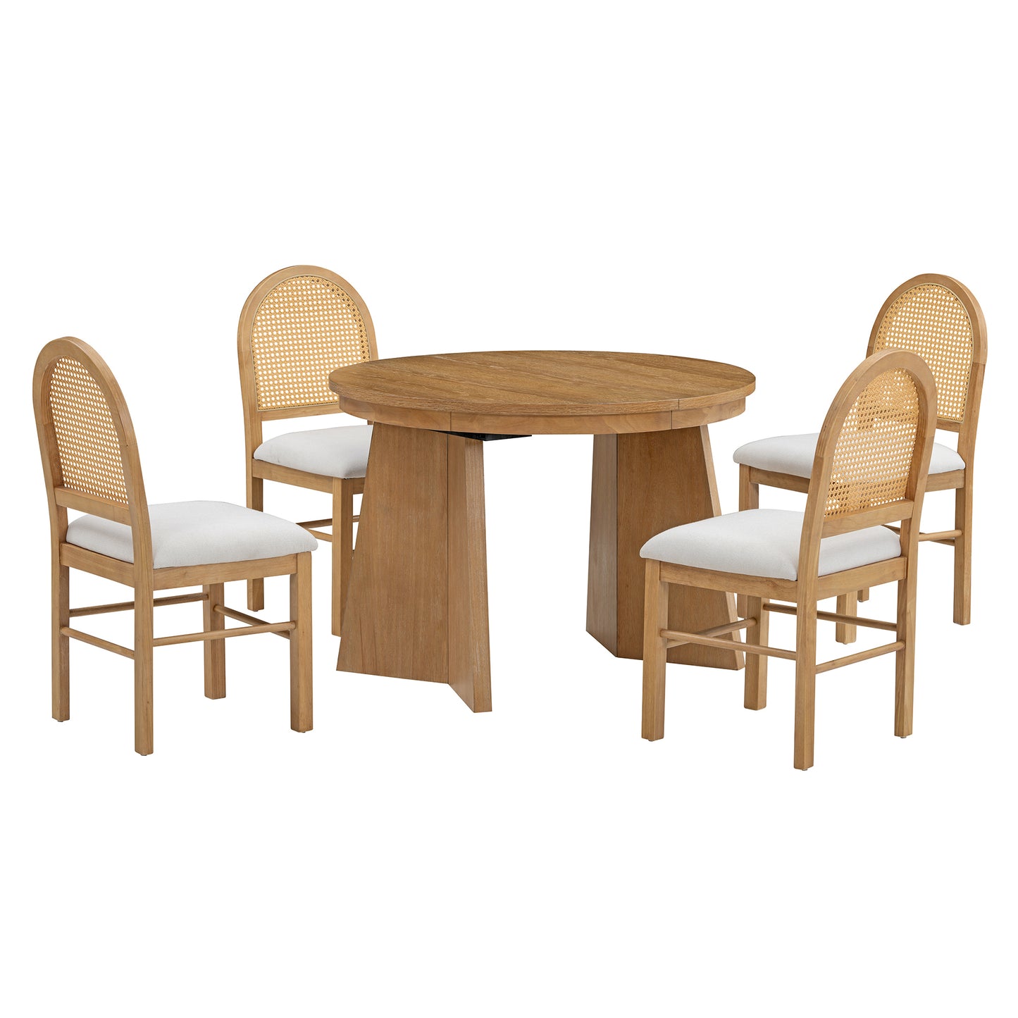 TREXM 5-Piece Retro Functional Dining Set with 1 Extendable Dining Table and 4 Upholstered Chairs with Rattan Backrests for Dining Room and Kitchen (Natural Wood Wash)