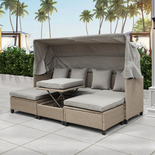 TOPMAX 4 Piece UV-Proof Resin Wicker Patio Sofa Set with Retractable Canopy, Cushions and Lifting Table,Brown