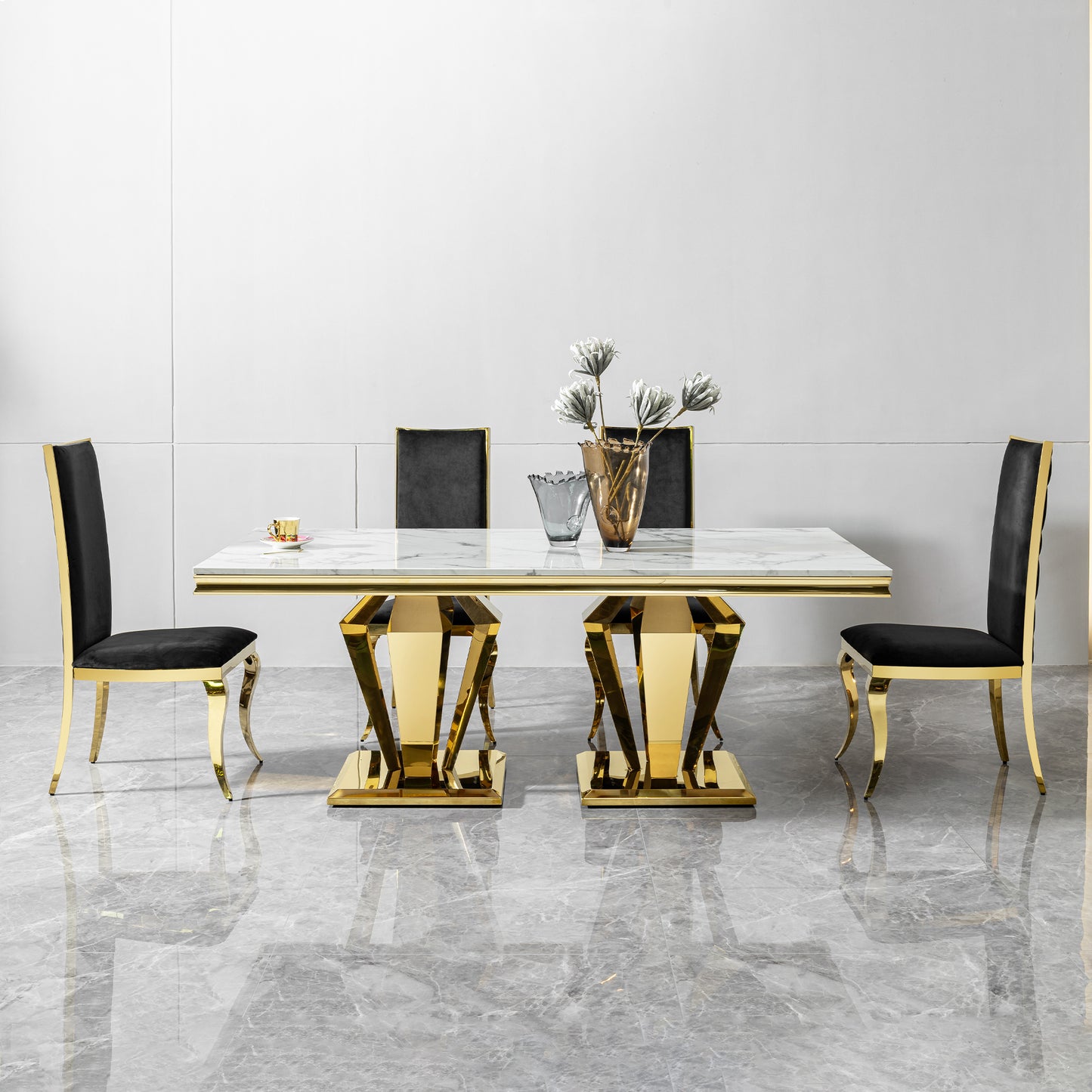 Dining Table for 6 or 8, Rectangular 78.74" L x 39.37" W x 29.92" H Gold Polished Stainless Steel Base MDF Marble Top