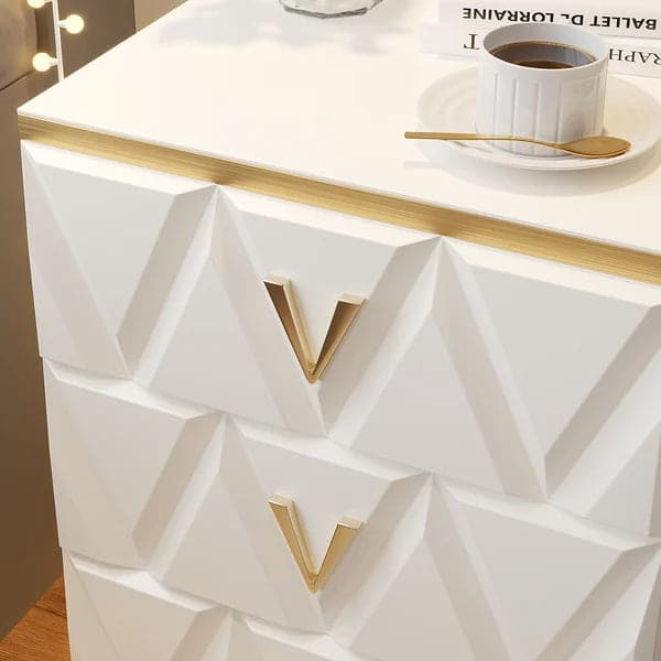 Nordic White Nightstand 3-Drawer V-Shaped Gold Pulls in Large