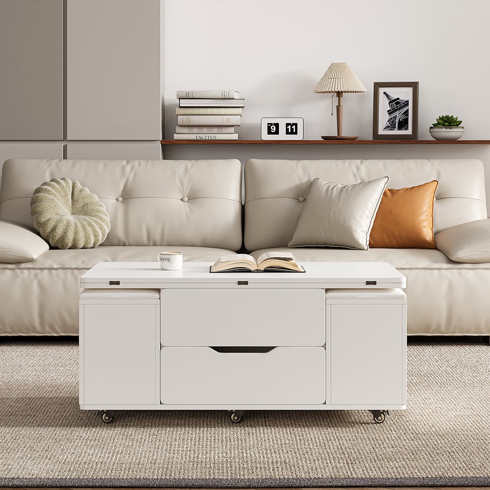 Modern White Lift Top Coffee Table 4 in 1 with Storage Ottoman Foldable and Casters