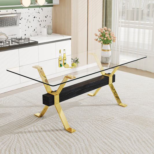 Dining table. Modern tempered glass dining table. Large modern office desk with gold metal legs and MDF crossbars, suitable for home and office use. Kitchen .71 ''x35.4''x30 '' 1105