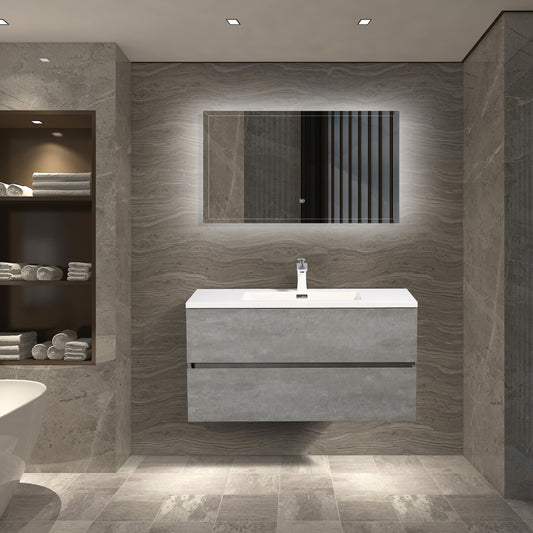 Meuble-lavabo simple mural 36 po en gris cendré avec dessus de meuble-lavabo blanc à surface solide