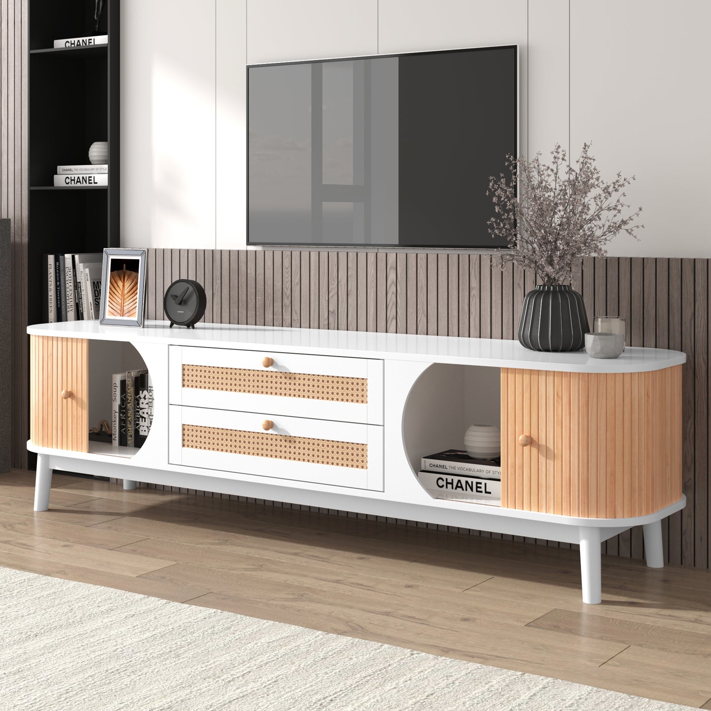 Rattan TV Stand for TVs up to 75'', Modern Farmhouse Media Console, Entertainment Center with Solid Wood Legs, TV Cabinet for Living Room,Home Theatre