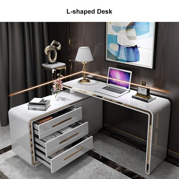 Modern White L-Shaped Desk Corner Rotating Computer Desk with Cabinet