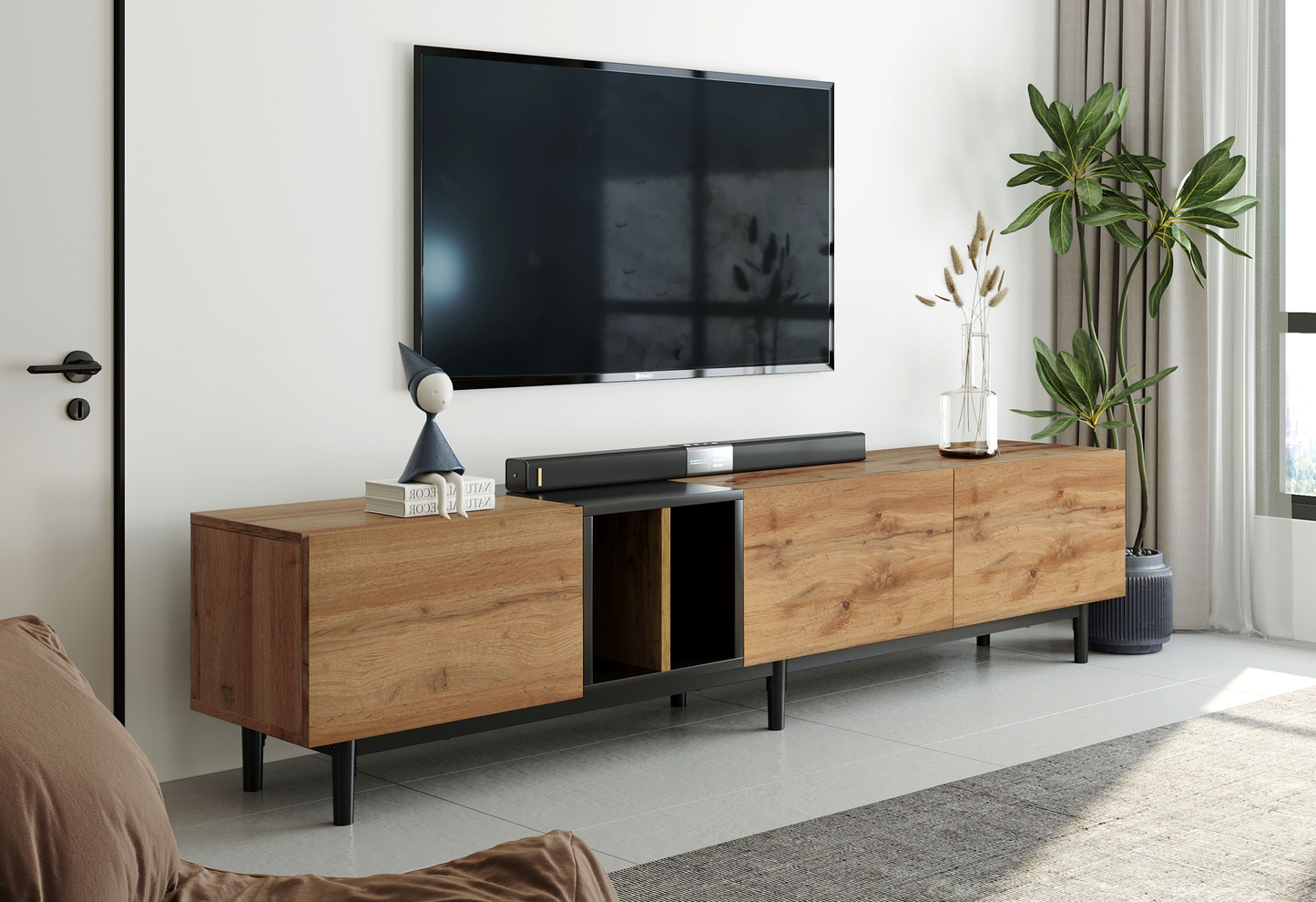 Meuble TV moderne pour téléviseur 80'' avec 3 portes, table console multimédia, centre de divertissement avec grand meuble de rangement pour salon, chambre à coucher