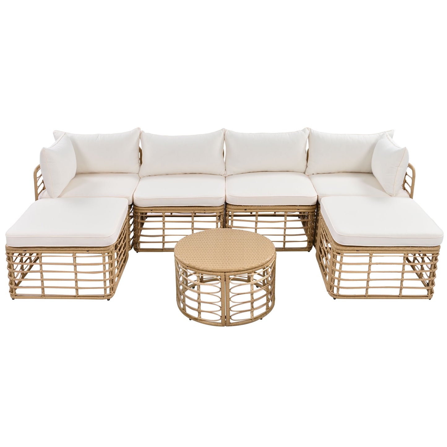 7-Piece Outdoor Patio Furniture Set: All-Weather Rattan Sectional Sofa with Thick Cushions and Pillows, Versatile Conversation Set for Garden, Backyard, and Balcony in Beige