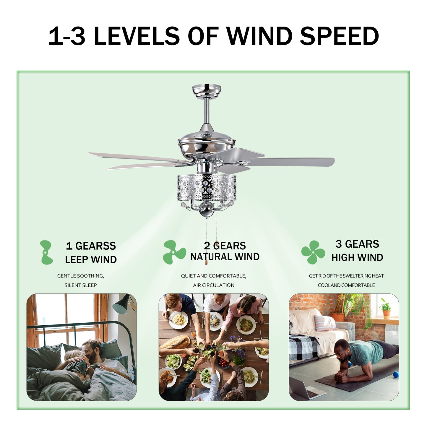 Chrome 52" Ceiling Fan with Reversible Motor - Indoor Use, Pull Chain Control (No Light Bulb)