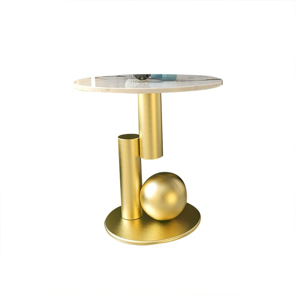 Modern White End Table Round Marble Stone Top with Abstract Metal Base