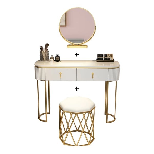 Modern White Oval Glossy Makeup Vanity with 2 Drawers & Rotatable Mirror & Stool