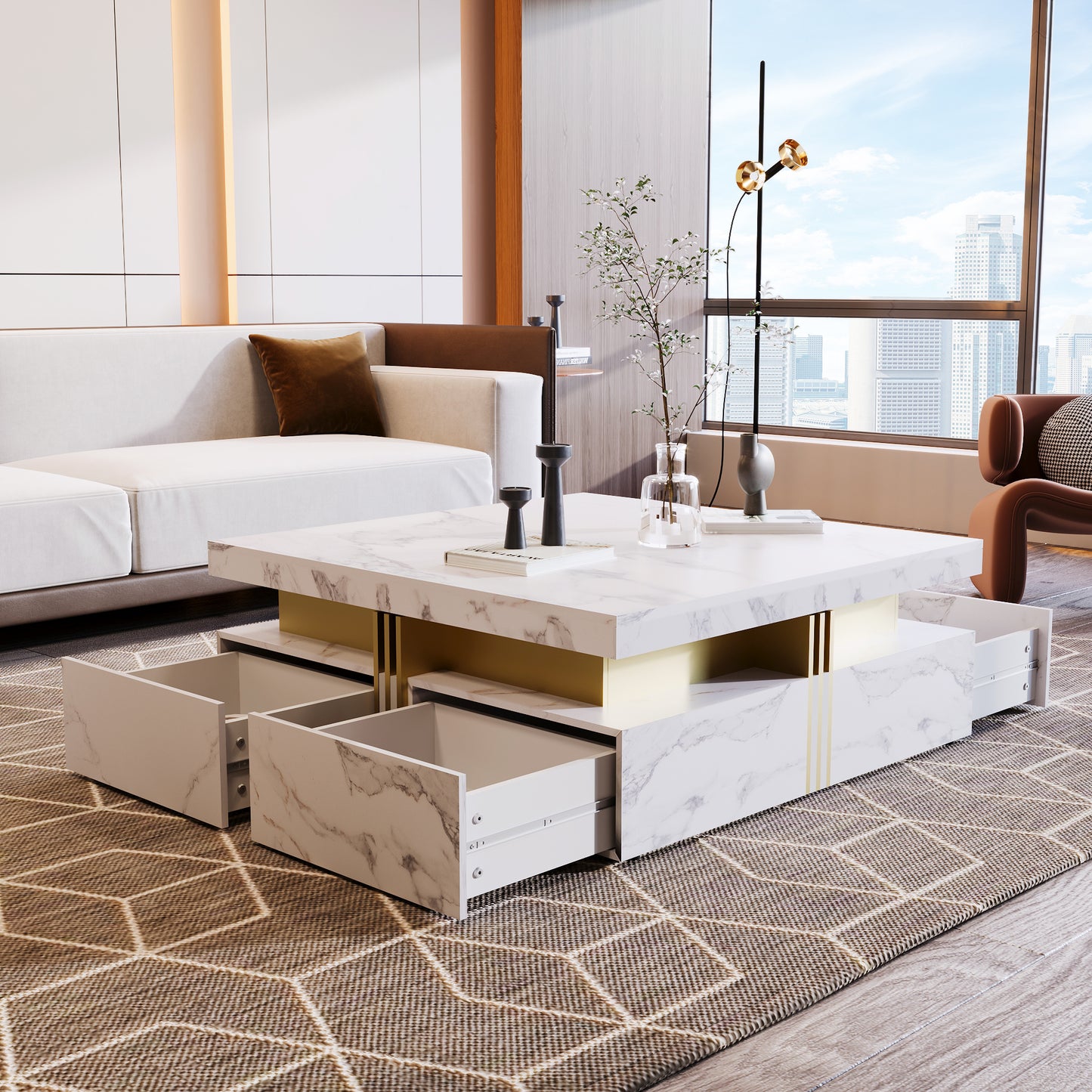 Modern White Square Storage Coffee Table with 4 Drawers