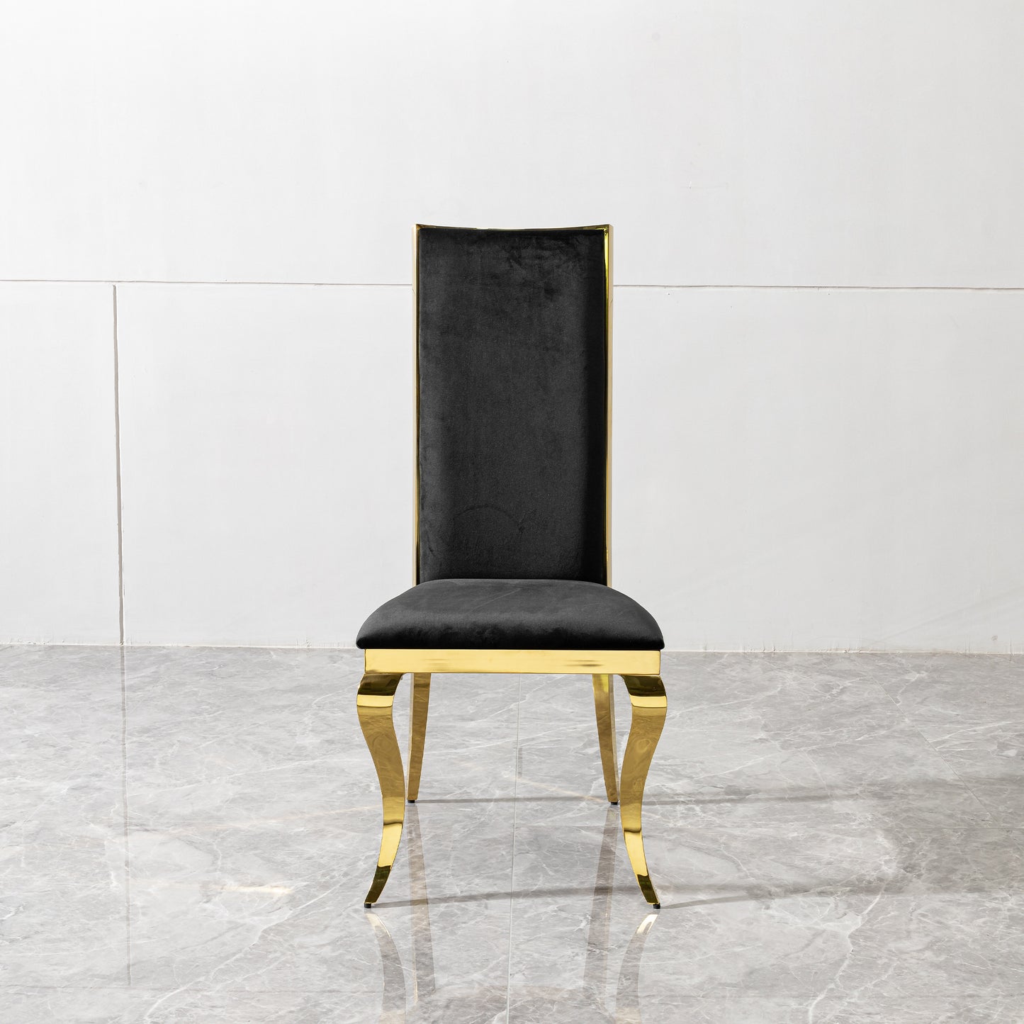 Dining chair black velvet with unique design backrest set of 2,mirror gold stainless steel legs