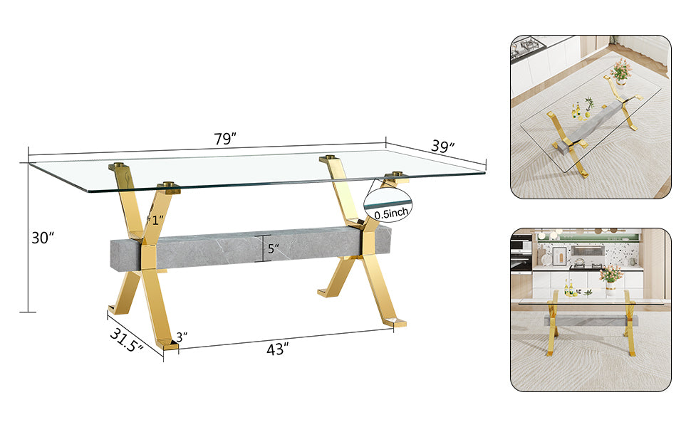 Dining table. Modern tempered glass dining table. Large modern office desk with gold plated metal legs and MDF crossbars, suitable for both home and office use. Kitchen. 79 ''x39''x30 '' 1105