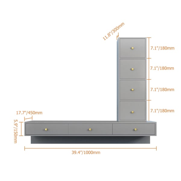 Modern Gray Floating Desk with Drawers Wall Mounted Desk in Pine Wood Frame