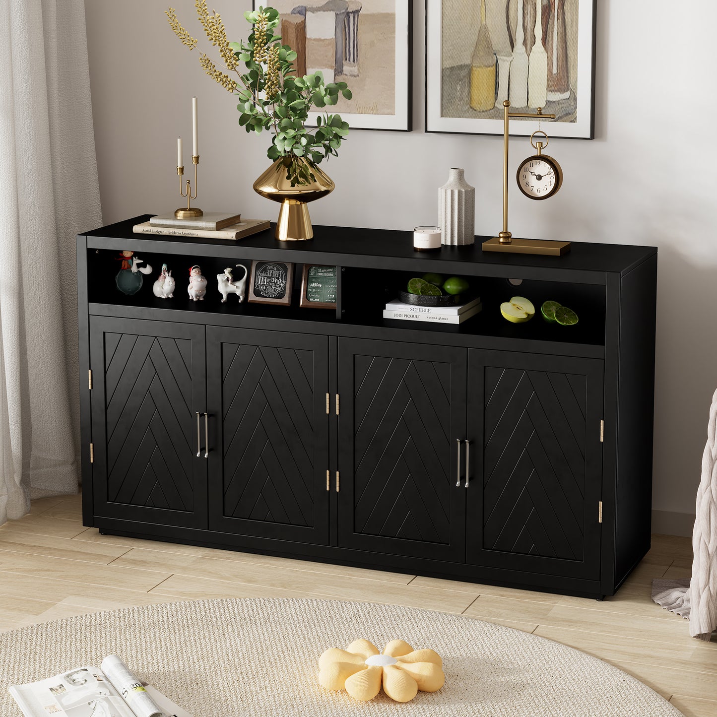 TREXM 4-door Classic Sideboard with Open Storage and Adjustable Shelves Perfect for kitchens,  living rooms (Black)