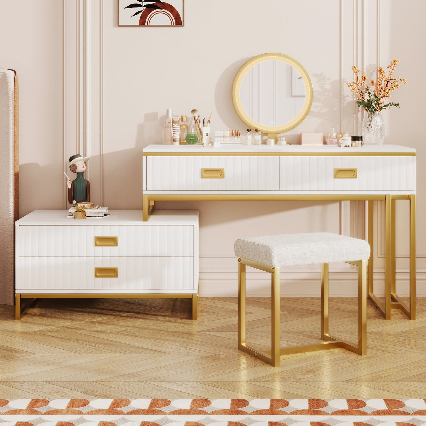 Modern Style Vanity Table With Movable Side Cabinet And 4-Drawers, Large Size Dressing Table With Mirror and 3-colors LED Light, Makeup Table With Stool, White, Golden Legs