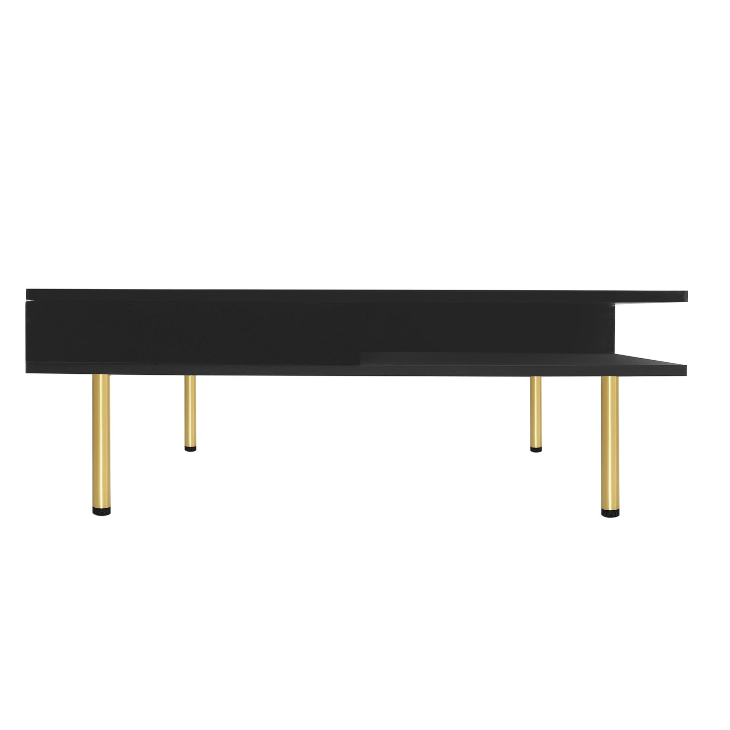 ON-TREND Exquisite High Gloss Coffee Table with 4 Golden Legs and 2 Small Drawers, 2-Tier Square Center Table for Living Room, Black