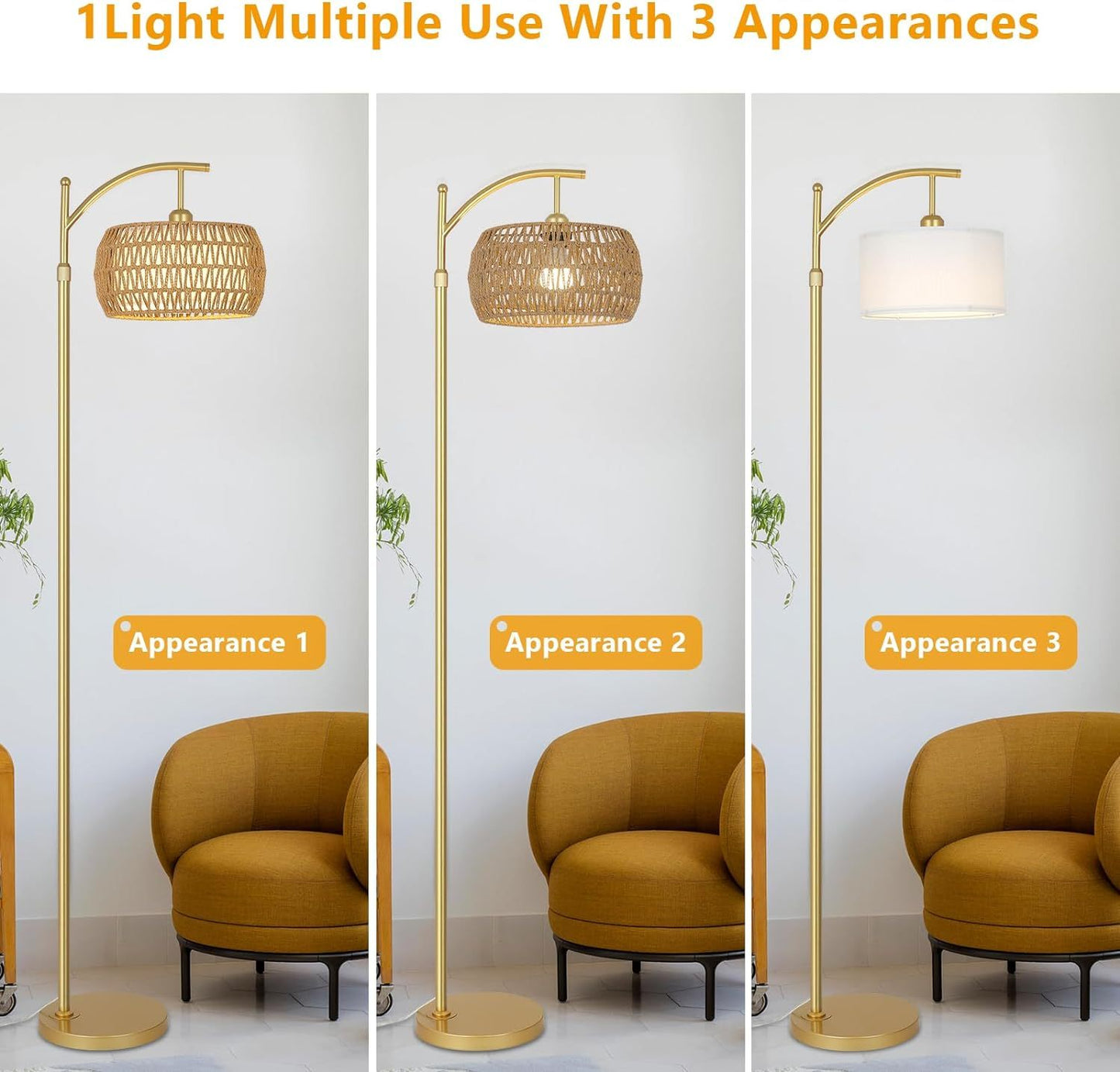 Arc Floor Lamp with 3 Color Temperatures, LED Gold Floor Lamp with Remote & Stepless Dimmable Bulb, Boho Standing Lamp with Rattan & Fabric Shades, Farmhouse Tall Lamp for Living Room Bedroom