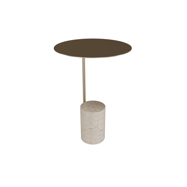 Table d'appoint en travertin moderne en pierre beige avec cadre en acier inoxydable doré