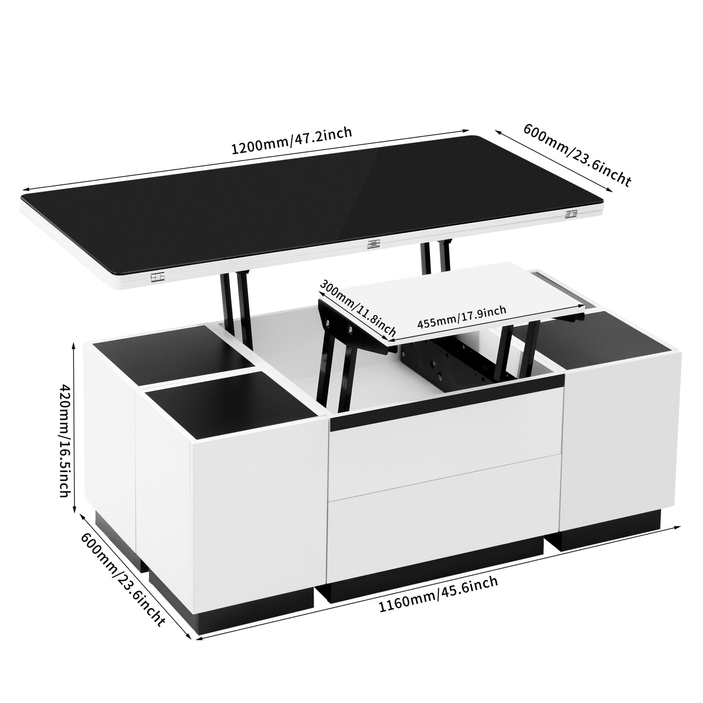 Modern White Lift Top Glass Coffee Table with Drawers & Storage Multifunction Table