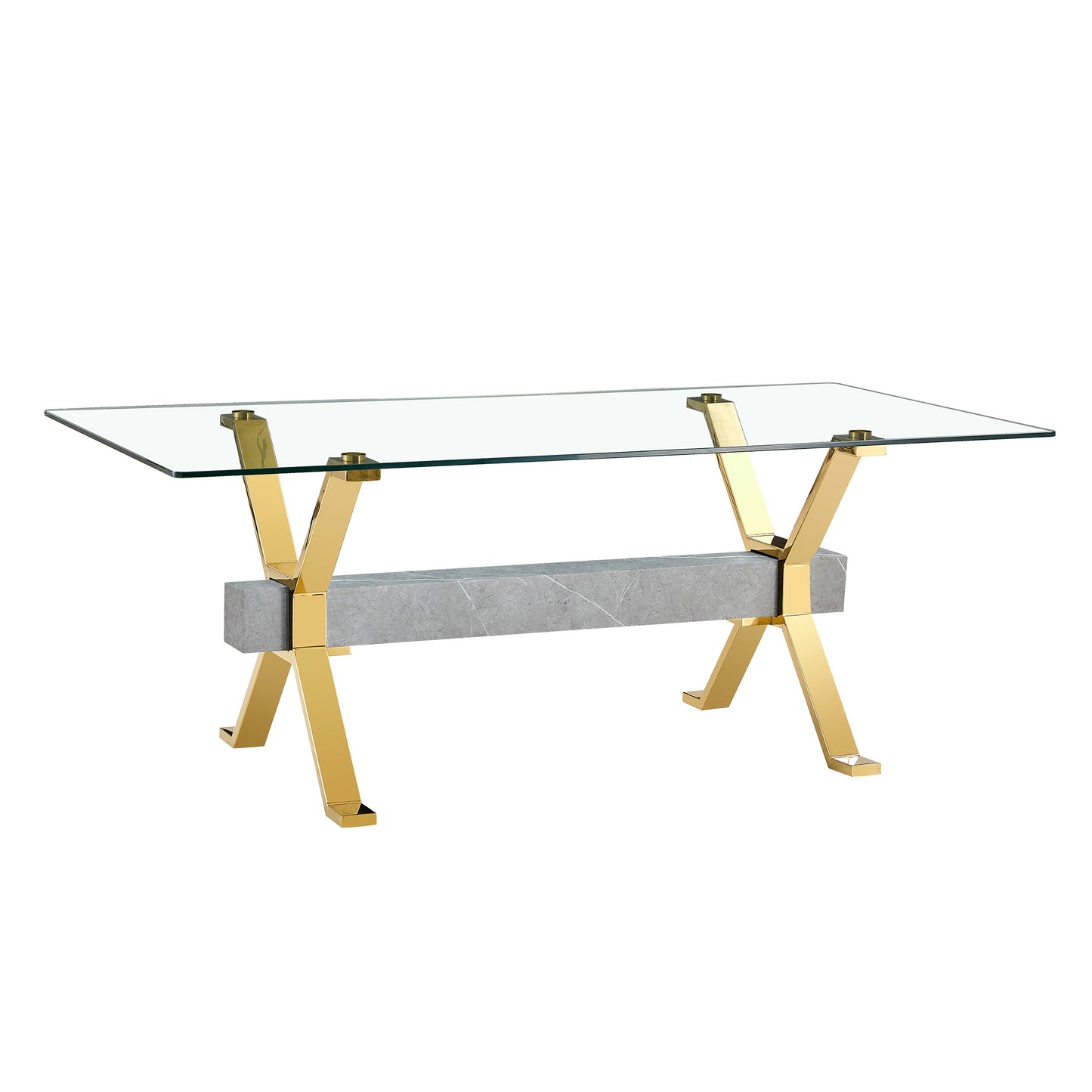 Dining table. Modern tempered glass dining table. Large modern office desk with gold plated metal legs and MDF crossbars, suitable for both home and office use. Kitchen. 79 ''x39''x30 '' 1105