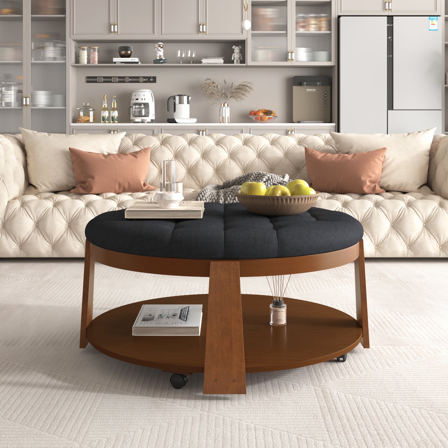 Modern Large Round Ottoman Coffee Table 2-Tier Oversized Button Tufted Ottoman with Wood Shelf Storage Upholstered Coffee Table for Living Room Footrest Ottoman with wheel, waterproof Linen