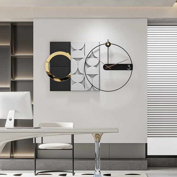 Grande horloge murale géométrique en métal de 30 pouces avec pointeur en bois, décoration d'intérieur moderne, noir et gris 