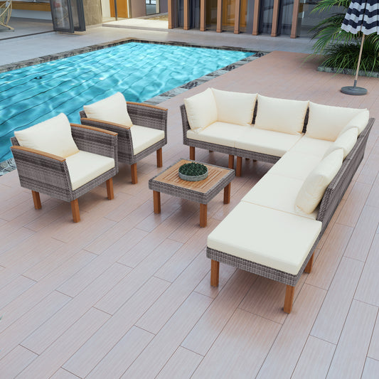 9-Piece Patio Rattan Furniture Set, Outdoor Conversation Set With Acacia Wood Legs and Tabletop, PE Rattan Sectional Sofa Set with Coffee Table, Washable Cushion, Beige