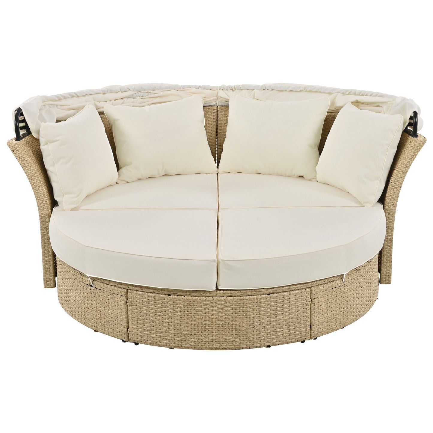 Outdoor Patio Daybed Wicker Rattan Double Daybed Round Sofa Furniture Set with Retractable Canopy, 4 Pillows for Lawn Garden Backyard Porch Pool, Beige