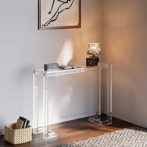 Table console rectangulaire en acrylique transparent de 47,2 po avec plateau en verre