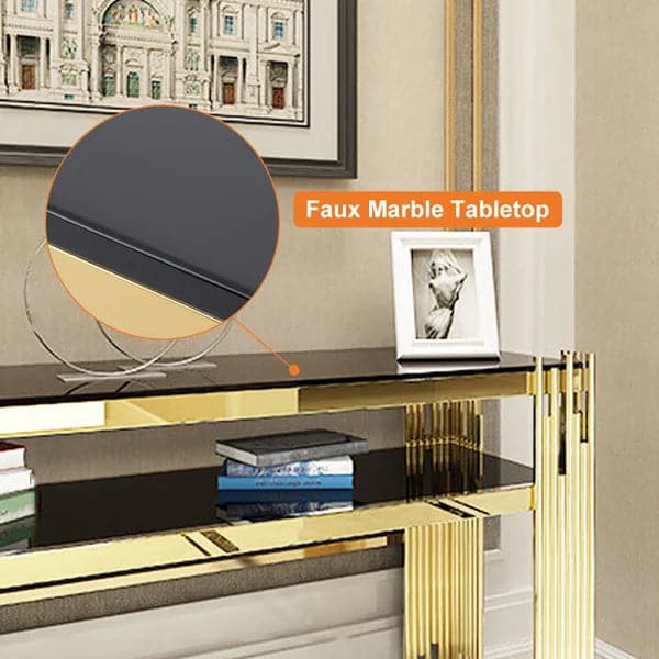 Table console étroite moderne en faux marbre noir de 47,2 po avec étagère de rangement et 4 pieds dorés