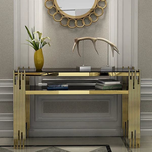 Table console étroite moderne en faux marbre noir de 47,2 po avec étagère de rangement et 4 pieds dorés