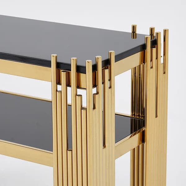 Table console étroite moderne en faux marbre noir de 47,2 po avec étagère de rangement et 4 pieds dorés