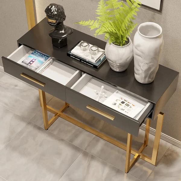 Modern Narrow Black Console Table with Storage Drawers and Metal Legs in Gold