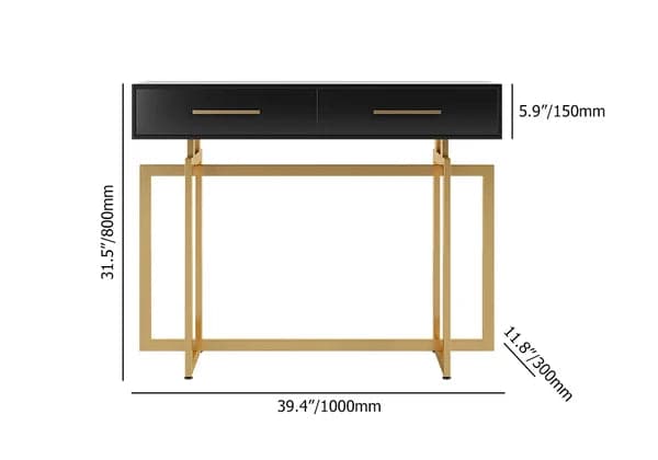 Modern Narrow Black Console Table with Storage Drawers and Metal Legs in Gold