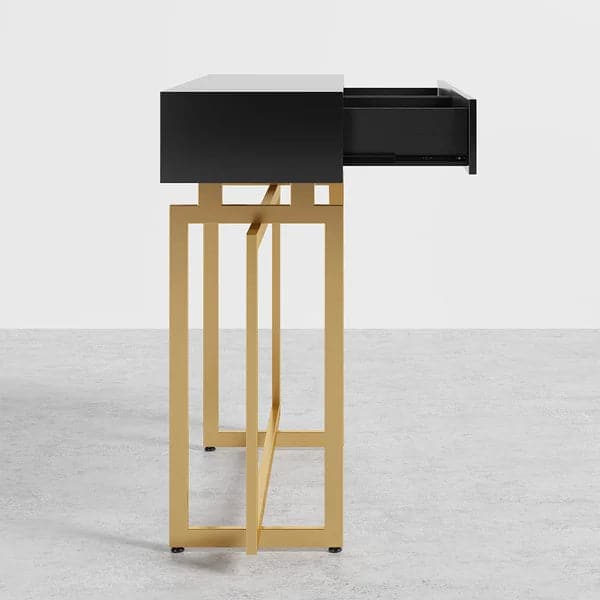 Modern Narrow Black Console Table with Storage Drawers and Metal Legs in Gold