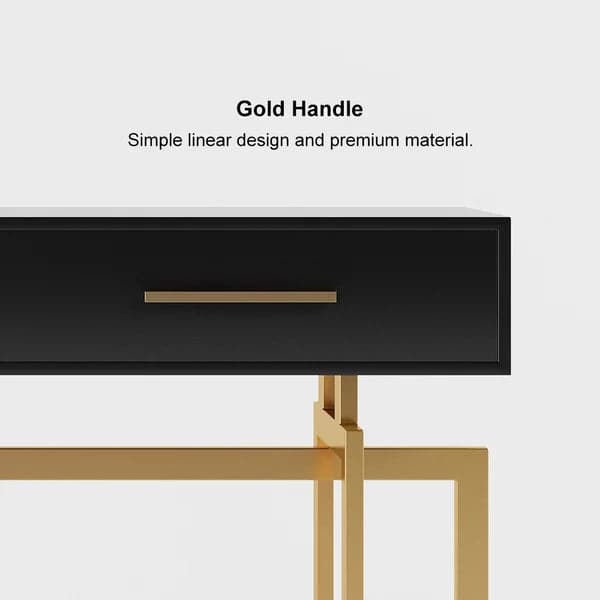 Modern Narrow Black Console Table with Storage Drawers and Metal Legs in Gold