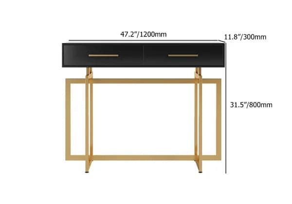 Modern Narrow Black Console Table with Storage Drawers and Metal Legs in Gold