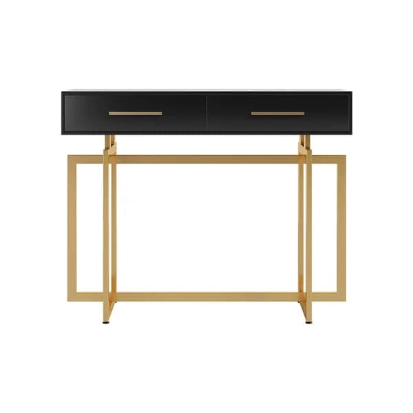 Modern Narrow Black Console Table with Storage Drawers and Metal Legs in Gold