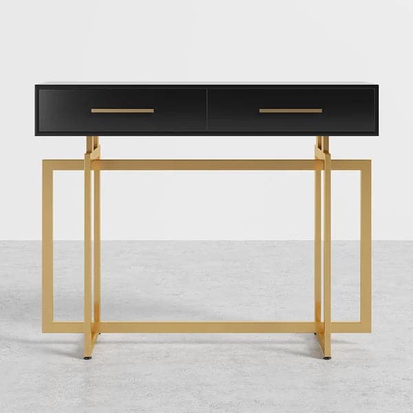 Modern Narrow Black Console Table with Storage Drawers and Metal Legs in Gold